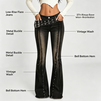 Pantalon en jean noir souple évasé pour femme, taille basse, coupe droite, fermeture éclair