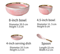 Assiette à dîner en céramique marbre nordique avec bord doré, ensemble de bols roses, vaisselle de luxe à rebord doré pour la maison, compatible micro-ondes