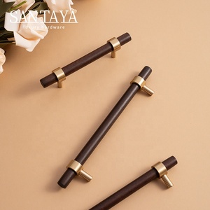 Tay nắm cửa bằng đồng thau, núm gỗ nguyên khối, tay nắm chữ T, tay nắm tủ bếp bằng gỗ, màu gỗ óc chó đen Bắc Mỹ Santaya - Product Image 2