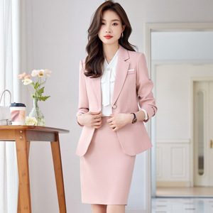 Women's Pink Suit Set Full Sleeve Anti-Wrinkle Office Lady Commute Work Uniform - Product Image 4