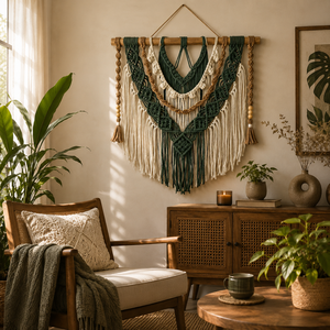 Tapisserie murale en <span class=keywords><strong>macramé</strong></span> Driftwood <span class=keywords><strong>avec</strong></span> perles de <span class=keywords><strong>bois</strong></span> blanches, longues franges et pompons, grande décoration murale bohème pour cheminée et chambre à coucher - Product Image 3