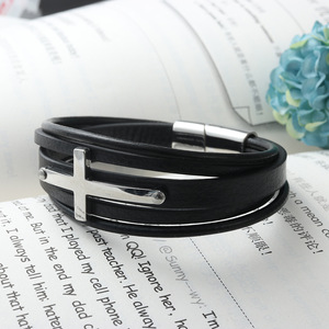 yunnique Cross Shaped Leather Bracelet Black Titanium Steel Unisex Gift Jewelry - Product Image 2
