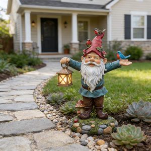 Statua da Giardino Gnomo con Lanterna Solare, Figurina Impermeabile in Resina con Uccelli per Decorazioni Patio e Prato - Product Image 1