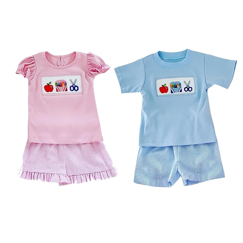 Kleinkinder Jungen Mädchen Rückkehr in die Schule Outfits Baby Kinder Kurzarm passende Kleidung Großhandel Boutique ABC Apfeldruck-Sets