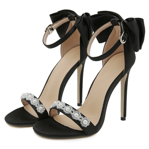 Sandales à talons hauts pour femmes, style européen et américain, avec grand nœud, décoration de perles, en satin, à bout ouvert, 2024 - Product Image 5
