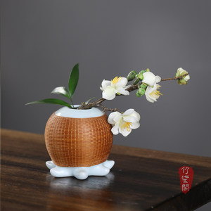Bamboo Woven Porcelain Flower Vase Octopus Shape Handmade Traditional Ceramic Pot For Living Room Decor - Product Image 1