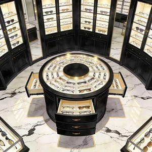 Ensemble d'agencements de magasin d'optique de luxe personnalisable avec éclairage LED en verre trempé, design durable - Meubles muraux ronds pour îlot central - Product Image 1