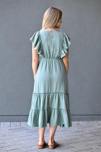 Robe trapèze mi-longue en jersey à manches courtes et col rond - Mélange élasthanne/coton vert - Product Image 5