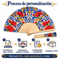 Éventail espagnol en bois pliable de 23 cm, motif carreaux bleus et roses, pour Flamenco, Abanicos De Madera, Fête de Séville, cadeau