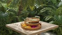 Plateau de table basse rond en rotin avec poignée, incrustation de coquillages islamiques, décoration multifonctionnelle pour la maison et les dîners festifs