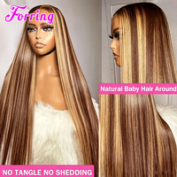 Perruque Lace Front Transparente P4/27 Lisse à Prix Abordable, Perruque Frontale 13x4 Ombrée Marron, Perruques en Cheveux Humains Blond Miel avec Mèches