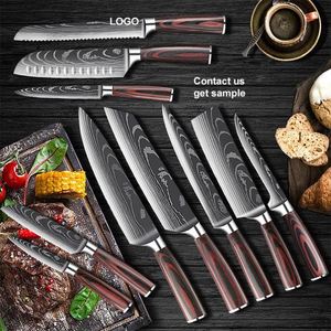 Juego de Cuchillos de Cocina Profesionales Personalizados de Acero Inoxidable Japonés Damasco con Mango con Patrón de Madera y Grabado, Cuchillo de Cocina Multiusos y Cuchillo para Pelar - Product Image 1