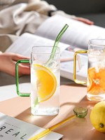 Vaso de Agua Cuadrado de Vidrio para el Hogar con Asa de Color, Taza de Vidrio de Borosilicato de Alta Resistencia al Calor para Restaurante o Regalo
