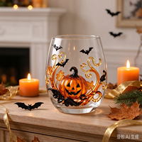 Verre à vin sans pied Halloween, motif citrouille Jack O'Lantern et chauve-souris, en verre transparent, pour fêtes d'automne, cadeau