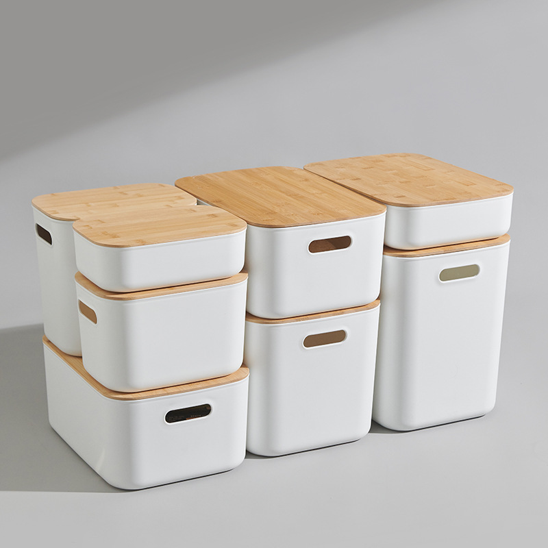 Weie Kunststoff-Aufbewahrungsbox mit Bambusdeckel, faltbar, rechteckig