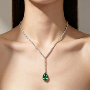 FYXL1208B40 Pendant and <b>chain</b>, both made of 925 sterling <b>silver</b> with synthetic cubic zirconia, elegant green color, versatile an - Product Image 1
