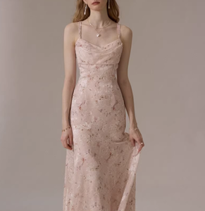 Robe longue à fines bretelles en tissu tissé, imprimé numérique floral, respirante, écologique, rose, petite tenue de vacances - Product Image 3
