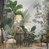 Papier peint mural tropical en soie de style sud-est asiatique, imperméable, antistatique, motif botanique, feuille de bananier, pour hôtel commercial