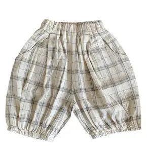2023夏季宽松儿童短裤格子时尚设计棉麻宽松男士婴儿宽松裤腿婴儿裤