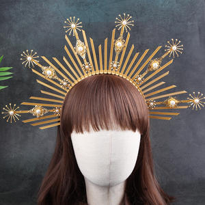 Kadın çiçek göksel başlığı altın güneş Halo taç yıldız inci Mary Mary kraliçe tanrıça kafa bandı - Product Image 5