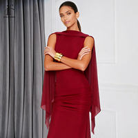 Robe de soirée moulante élégante pour femme, couleur bordeaux, avec col foulard et taille cintrée, idéale pour les banquets et les fêtes