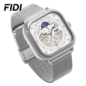 FIDI – montre mécanique automatique pour hommes, boîtier carré argenté, bracelet en maille, phase solaire, cadran multi-squelette, résistante à l'eau, à la mode - Product Image 5
