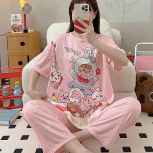 Ensemble de Pyjama Deux Pièces pour <span class=keywords><strong>Femme</strong></span>, Pantalon Court à Manches Courtes, Col Rond, Style Coréen, Dessin Animé d'Été, Vêtements de Nuit et d'Intérieur Économiques - Product Image 3