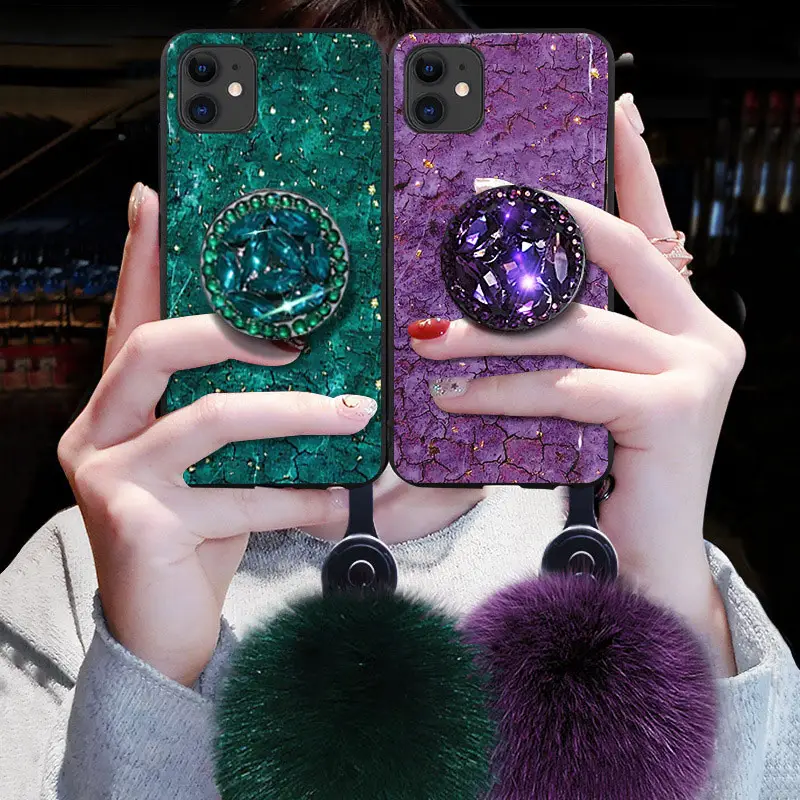 For iPhone 11 Case Bling Luxury Diamond Stand Plush Ball Fur Rope Strap Glitter Cover Case for iPhone 11 Pro Max
