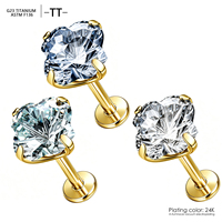 Labret à dos plat fileté intérieurement en Titane G23 ASTM F136, motif Trèfle à quatre feuilles avec Zircon Cubique, 16G, pour piercing Hélix, Tragus, Cartilage, Oreille, Lèvre