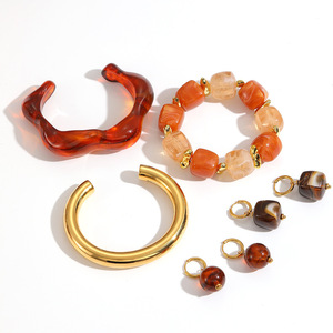 Retro Resin Bracelet <b>Bangle</b> <b>Set</b> Acrylic Lucite Jewelry Women's Geometric Round Design Light Luxury Fashion Jewelry <b>Set</b> - Product Image 3