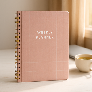 LABON Blush Pink Weekly <span class=keywords><strong>Planner</strong></span> A5 Cuaderno de tapa dura de lino <span class=keywords><strong>con</strong></span> encuadernación en espiral <span class=keywords><strong>con</strong></span> diseño de cuadrícula minimalista para trabajo y estudio - Product Image 1