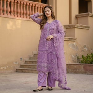 Conjunto de Salwar Kameez Morado Bordado con Perlas, Traje Indio Pakistaní con Dupatta para Bodas y Fiestas - Product Image 1