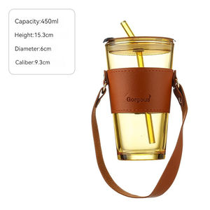 Tasses à café en verre anti-brûlure de 400 ml/450 ml avec paille, manchon en cuir portable et soucoupes à thé avec poignée – Vente en gros - Product Image 4