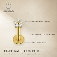 Anting-anting titanium zircon ASTM F136 Getta, model flat back 16g, dengan lingkaran tersembunyi, cocok untuk tragus, daith, rook, dan helix.