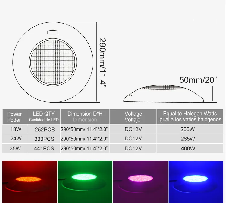 Hotook nhà sản xuất treo tường AC/DC12V RGB điều khiển từ xa 18W 24W 35W hồ bơi ánh sáng LED dưới nước IP68 không thấm nước