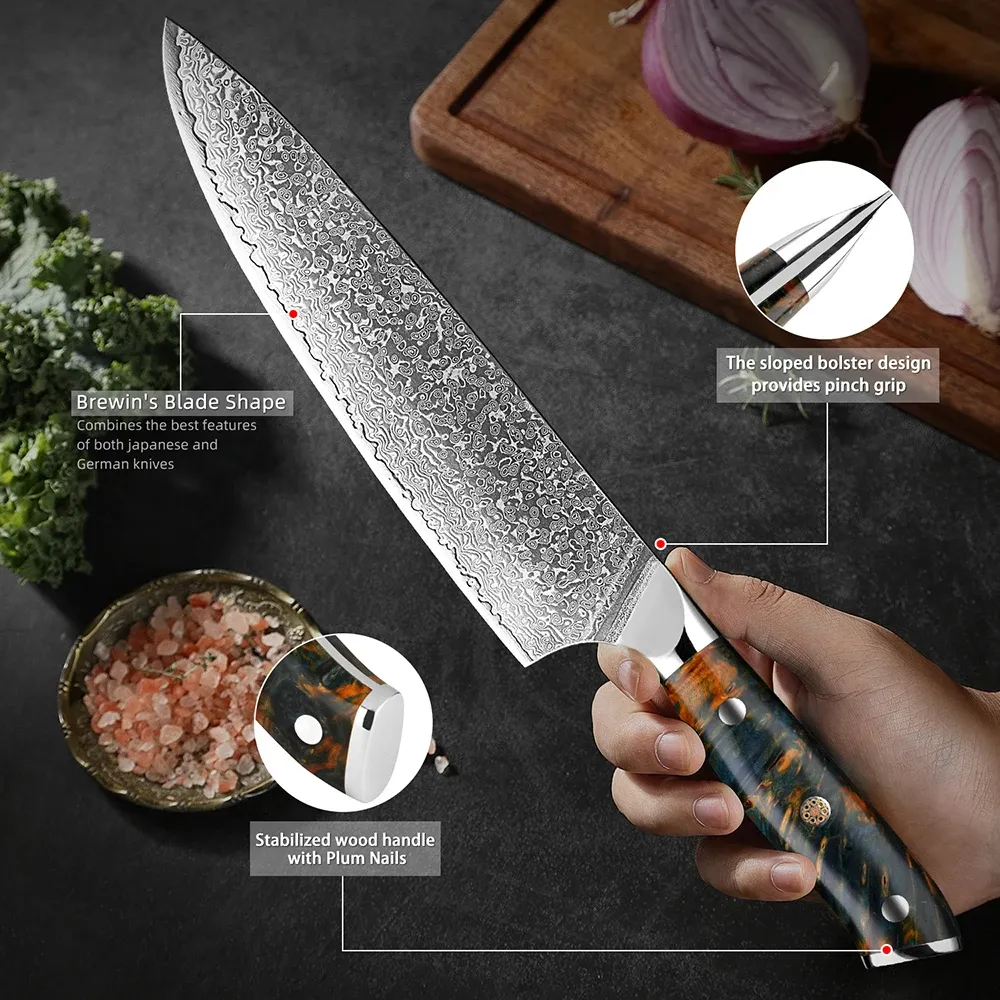 Luxury Damascus Kitchen Knife Set 1-7PCS 67 Layers Damascus Steel Sharp Full Tang Chef Santoku Knife Stabilized Wood Handle