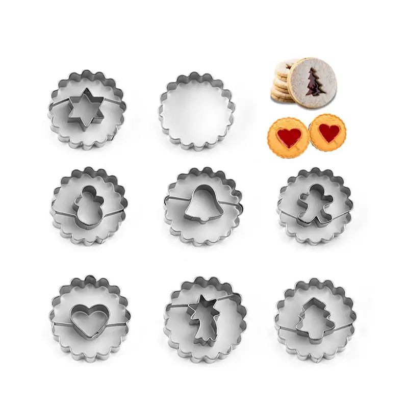 Ensemble de 8 pièces en acier inoxydable Mini Christmas Linzer Cookie Pastry Cutters Baking tools for Christmas Winter Holiday gift