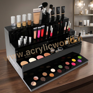 Moderno expositor de cosméticos acrílico de varios niveles con 3 estantes, organizador de escritorio negro brillante para productos de maquillaje - Product Image 3