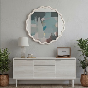 White 36 Inch Wavy <b>Round</b> Solid Wood Frame Decorative <b>Mirror</b> For Bedroom <b>Bathroom</b> Living Room Entryway - Product Image 3
