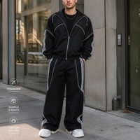 Ensemble de survêtement rayé noir pour homme, veste à col montant zippée et pantalon large avec passepoil blanc, 340g 100% coton, style punk, hiver