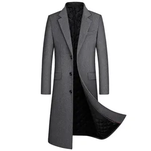 Сезон зима-весна; Отложной воротник, плотная теплая куртка-пуховик длинный шерстяной Тренч пальто для мужчин