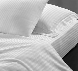 Hotel Quality 300TC <strong>White</strong> 100% Cotton Bedding Set 3cm Stripe Duvet Cover <strong>Fitted</strong> Bed <strong>Sheet</strong> for Hotels Hospitals Inns Villas - Product Image 5