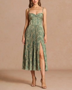 Nuevo Vestido Midi Elegante Color Verde Azulado Platino para Mujer, Cintura Alta, Casual, para Diario o Fiesta - Product Image 3