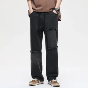 Pantalon Cargo Noir à Ourlet Brut Déchiré Jeans pour Hommes Vente en Gros