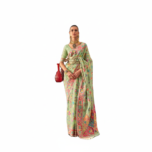 El último Sari tejido de seda de Cachemira de diseñador con bordado pesado para mujeres Fiesta Festival Especial por Fab Zone - Product Image 1