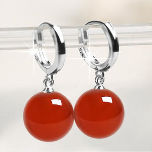 Boucles d'oreilles pendantes en argent sterling 925 pour femmes, pierre d'agate rouge française rétro en gros, Amiee, 8/10/12 mm - Product Image 2
