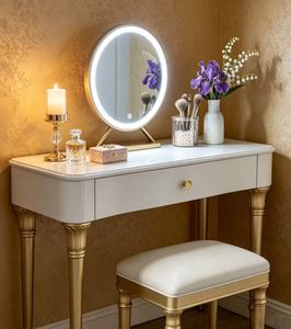 Luxury Gold Leg Dressing <b>Table</b> Set, White Solid Wood Makeup Vanity with LED Round <b>Mirror</b> & Stool for Bedroom Furniture Vanity Ta - Product Image 4