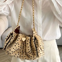 Nouvelle Arrivée Automne/Hiver Transfrontalière Sac Seau Décontracté en PU à Pois avec Cordon de Serrage et Chaîne, en Peluche Courte, Porté Épaule/Aisselle