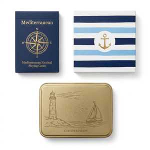 Jeu de cartes de poker personnalisé style nautique méditerranéen, finition lin, dorure bleue, cadeau pour club nautique et bateau de croisière - Product Image 4