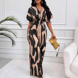 Tuta Intera <span class=keywords><strong>Elegante</strong></span> da Donna con Scollo a V, Stampa All-Over, Maniche a Pipistrello, Gamba Larga, Vestibilità Ampia, Estiva/Primaverile, Colore Arancione, Super Morbida - Product Image 2